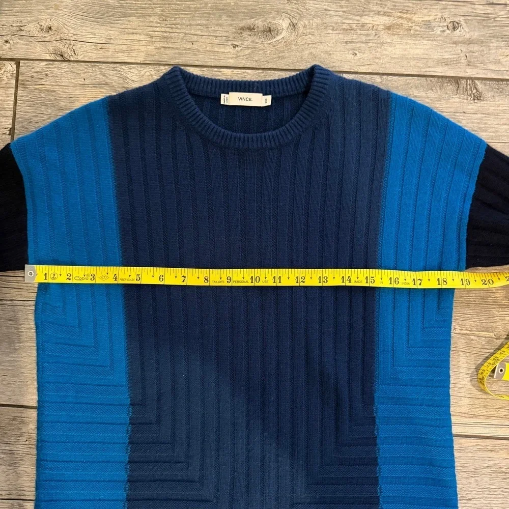 Vince Color Block Ribbed Knit Sweater Blue Navy Teal Long Sleeve XXS